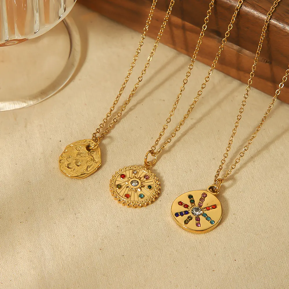 1 Piece Simple Stackable Style Round Shape Stainless Steel 18K Gold Plated Inlay Rhinestones Women's Pendant Necklaces 